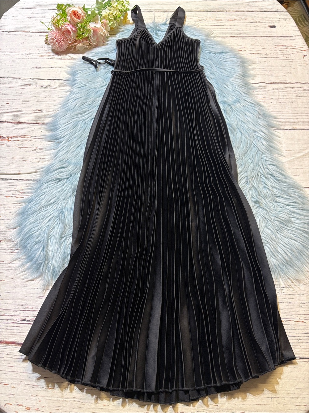 Sam Edelman Black Satin Plisse Spaghetti Strap Midi Dress sz S - Picture 7 of 7